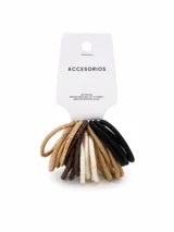 Pack de 20 coleros elásticos para el cabello en tonos variados, incluyendo negro, blanco, beige, marrón y dorado brillante.