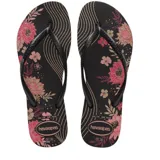 Sandalias Havaianas Slim Organic con estampado floral en tonos rosados y tiras finas color cobre.