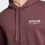Canguro marrón con capucha y cordones ajustables, bolsillo tipo canguro y logo de Wrangler estampado en el pecho.