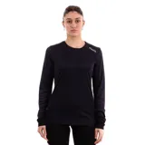 Remera deportiva de manga larga para mujer, color negro liso, con cuello redondo y logo de Diadora en gris claro en el hombro.