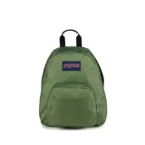 Mochila JanSport modelo Half Pint Mini, color verde oliva, con logo de la marca en el frente, asa de mano superior y bolsillo frontal con cierre.