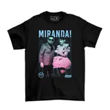Remera negra de algodón con estampa frontal del dúo musical Miranda!, con diseño gráfico en tonos celestes y rosados.