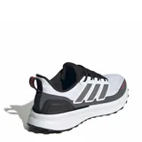 Championes de running Adidas Ultrarun 5, diseñados para terrenos irregulares. Presentan un exterior blanco con refuerzos en gris oscuro, detalles en naranja neón y suela con tecnología Adiwear para mayor agarre. Incluyen mediasuela Bounce 2.0 para amortiguación y elementos reflectantes.