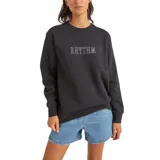 Buzo negro de cuello redondo con la palabra "RHYTHM" bordada en blanco en el pecho.