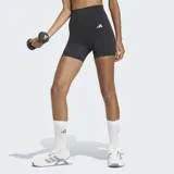 Calza corta deportiva Adidas de tiro alto, con corte ajustado y cintura elástica. Presenta el logo de la marca en la parte frontal y tecnología de tejido transpirable.