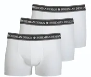 Pack de tres bóxers de algodón color blanco, con cintura elástica negra que presenta el logo de la marca en letras blancas.