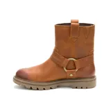 Bota de cuero color marrón con diseño estilo arnés, que incluye una correa decorativa con argolla metálica en el tobillo. Presenta suela de goma dentada y el logo de la marca grabado en el lateral.