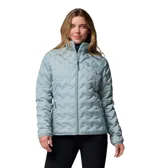 Campera puffer Columbia modelo Delta Ridge II, color azul claro, con tecnología térmica reflectante Omni-Heat y construcción HeatSeal sin costuras. Cuenta con cierre frontal, cuello alto con protector de barbilla y bolsillos laterales con cierre.