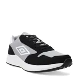 Championes urbanos Umbro modelo Volcan II, combinando paneles de malla gris y refuerzos de gamuza sintética negra. Presenta el logo de la marca en el lateral y suela de goma blanca con base negra.