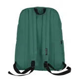 Mochila negra de estilo clásico con compartimento principal amplio, bolsillo frontal con cierre y bolsillos laterales. Incluye división interna para notebook.