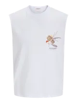 Musculosa blanca de algodón con cuello redondo y sisas amplias. Estampa pequeña de flores y logo de la marca en el frente.