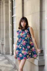 Vestido corto sin mangas de corte recto y holgado, confeccionado en lino con estampado floral multicolor sobre fondo azul oscuro. Presenta cuello redondo y cierre posterior con botones forrados.