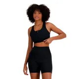 Top deportivo negro con cierre frontal y espalda deportiva.