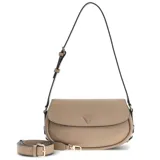 Cartera tipo bandolera Guess modelo Danya, color gris topo, con estructura redondeada y solapa frontal con logo triangular metálico. Incluye correa ajustable y desmontable.