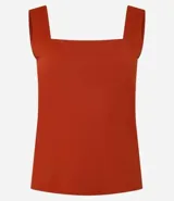 Blusa sin mangas color borgoña, confeccionada en poliamida y elastano, con escote cuadrado en el busto y en la espalda.