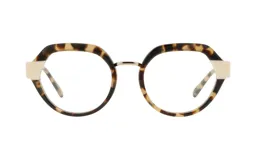 Armazón de acetato con forma irregular, color carey con detalles en beige en los laterales.