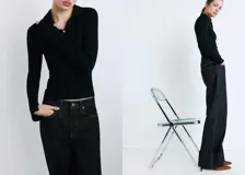 Pantalón jeans de corte wide leg en color azul oscuro, con tiro medio y ruedo con dobladillo ancho.