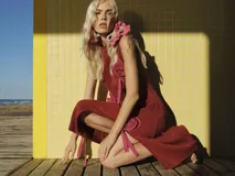 Vestido midi marrón de lurex, con cuello redondo y sin mangas. Presenta apliques de rosettes rojas en el frente y tajo lateral.