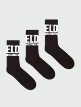 Pack de tres pares de medias tobilleras de algodón, una blanca, una gris jaspeada y una negra. Todas con el logo "ELD LIVING FOR" estampado en blanco en la caña.
