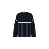 Sweater de punto Palm Angels de corte holgado y manga larga, en color azul marino y azul oscuro. Presenta un diseño inspirado en la bandera estadounidense con estrellas en la parte superior y franjas verticales abajo, además de detalles con costuras en zigzag blancas en los bordes y las mangas.