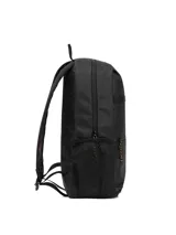Mochila Caterpillar modelo Liam Backpack, color negro, con compartimento principal con cierre, bolsillo frontal con cierre, bolsillos laterales de malla y detalles en amarillo.