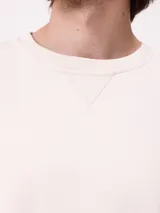 Buzo de cuello redondo Rusty, confeccionado en tejido de algodón y poliéster, con diseño liso en color beige, puños y ruedo acanalados, y detalle de etiqueta de la marca en el frente.