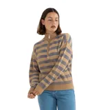 Buzo de punto a rayas horizontales en tonos beige y azul, con cuello alto y cierre frontal parcial tipo quarter zip, de manga larga y puños acanalados.