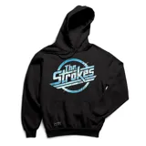 Canguro negro con capucha y bolsillo frontal tipo canguro. Presenta un estampado central con el logo de la banda The Strokes en tonos celestes con efecto desgastado.