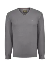 Sweater de punto color gris con escote en V y manga larga, de diseño clásico y ajuste cómodo.