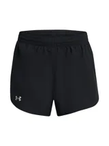 Short deportivo Under Armour Fly By 2N1 para mujer, color negro, con calza interior ajustada y logo reflectivo.