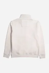 Campera blanca de felpa con cuello gris de algodón, cierre frontal con cremallera, mangas largas, bolsillos laterales y logo estampado en el pecho.