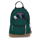 Mochila Jansport modelo Right Pack Mini, color verde oscuro con base marrón de gamuza, asa de mano negra y tirantes acolchados ajustables. Cuenta con un compartimento principal con cierre, un bolsillo frontal con cierre y dos bolsillos laterales sin cierre.