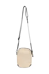 Bandolera porta celular negra de poliéster con múltiples cierres y correa ajustable.