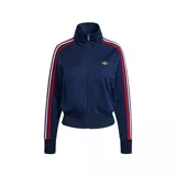 Chaqueta deportiva Adidas Originals modelo Firebird, color azul marino, con cuello alto, cierre frontal y puños y cintura acanalados. Presenta las tres franjas icónicas en mangas en combinación de rojo, blanco y azul, y el logo del trébol bordado en dorado en el pecho.