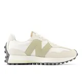 Championes New Balance 327 de dama, color blanco con detalles en beige y suela de goma negra.
