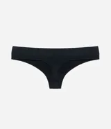 Bombacha de bikini hilo tipo vedetina, color negro, confeccionada en poliamida seamless con acabado texturizado de canalé y cintura ancha.