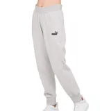 Pantalón deportivo Puma de mujer, color gris melange, con puños ajustados en los tobillos y cintura elástica. Presenta el logo de Puma bordado en negro en la pierna izquierda.