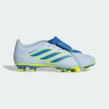 Championes de fútbol Adidas Predator Club con lengüeta plegable, color gris claro con detalles en azul y amarillo neón. Diseñados con empeine sintético y suela multisuperficie para mayor control y precisión en el golpeo.