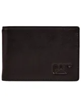 Billetera plegable de cuero negro Caterpillar, con diseño clásico y el logo de la marca grabado en relieve en la esquina inferior derecha.
