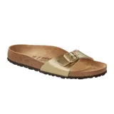 Sandalia Birkenstock modelo Madrid con una sola tira ajustable en color dorado, plantilla anatómica de corcho y suela de goma.