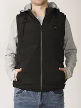 Chaleco verde militar de nylon mate reversible con interior de tejido jogging gris melange, con capucha y cierre frontal con cremallera.
