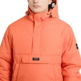Campera tipo anorak O'Neill modelo Adelmo, color naranja. Presenta diseño de medio cierre frontal, capucha ajustable con cordones, bolsillo frontal tipo canguro con solapa y cierre de velcro, y puños ajustables con velcro.