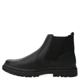 Botas tipo Chelsea de cuero negro con paneles elásticos laterales y suela de goma dentada. Diseño de punta redonda y estilo casual.