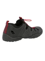 Sandalia deportiva de cuero color negro con cordones elásticos rojos y suela de goma.