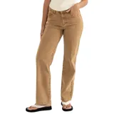 Pantalón de jean tiro alto en color beige, con corte recto y cierre frontal con botón y cremallera.