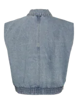 Chaleco denim sin mangas estilo bomber, color celeste, confeccionado en 100% algodón.