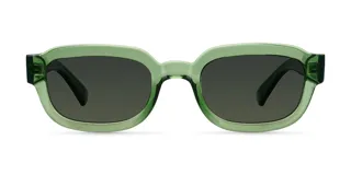 Lentes de sol ovalados con montura verde oliva y lentes verdes polarizadas.