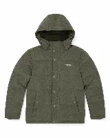 Campera puffer con capucha, confeccionada en pana de textura acanalada color verde militar. Presenta cierre frontal con botones a presión y logo de la marca bordado en el pecho.