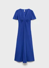 Vestido midi de color azul vibrante, confeccionado en una mezcla de lino y viscosa. Presenta un diseño evasé con escote en pico, mangas cortas ligeramente abullonadas y un corte favorecedor en la cintura.