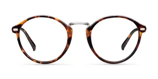 Lentes blueblocker con montura redonda carey y puente metálico plateado, diseñados para filtrar la luz azul de pantallas y proteger la visión.